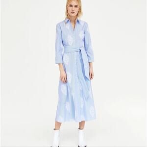 Zara Stylish Light Blue White Stripe Leaf Embroider Long Sleeve Shirt Dress